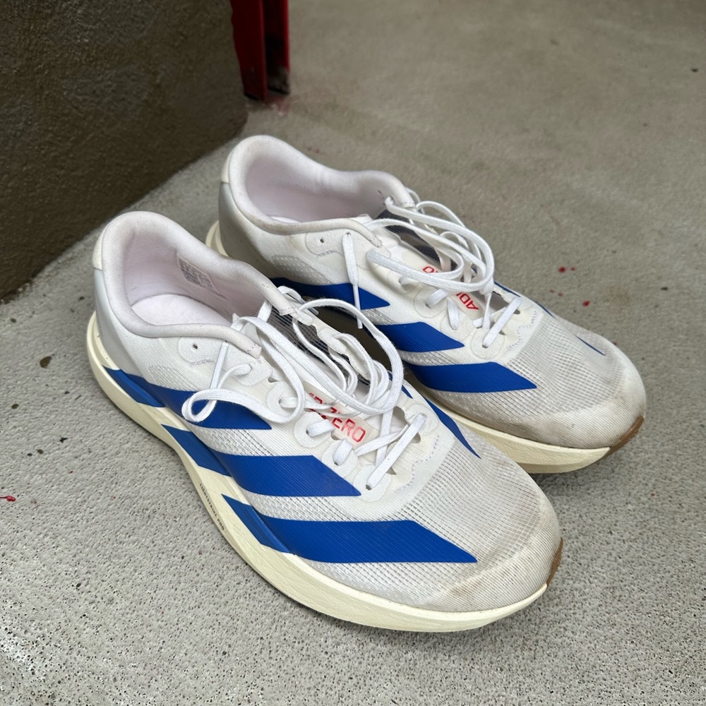 Adidas Evo Zero sneakers, White with Royal Blue Stripes